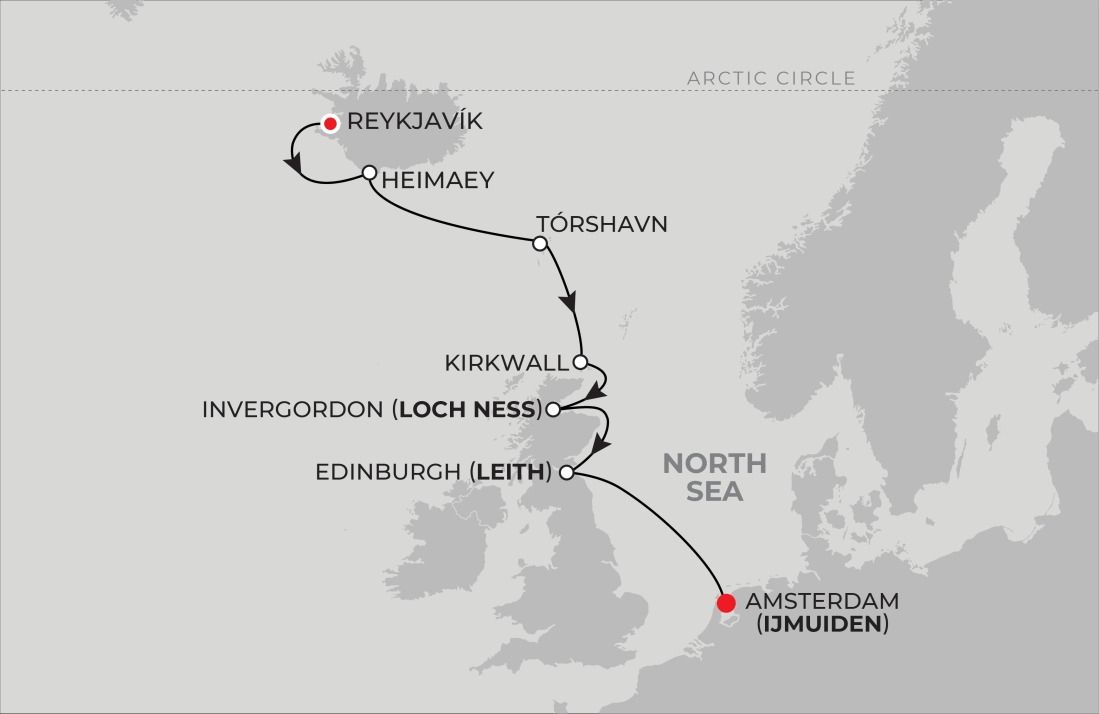 8-Night Reykjavik to Amsterdam 9/12/24 Itinerary Map